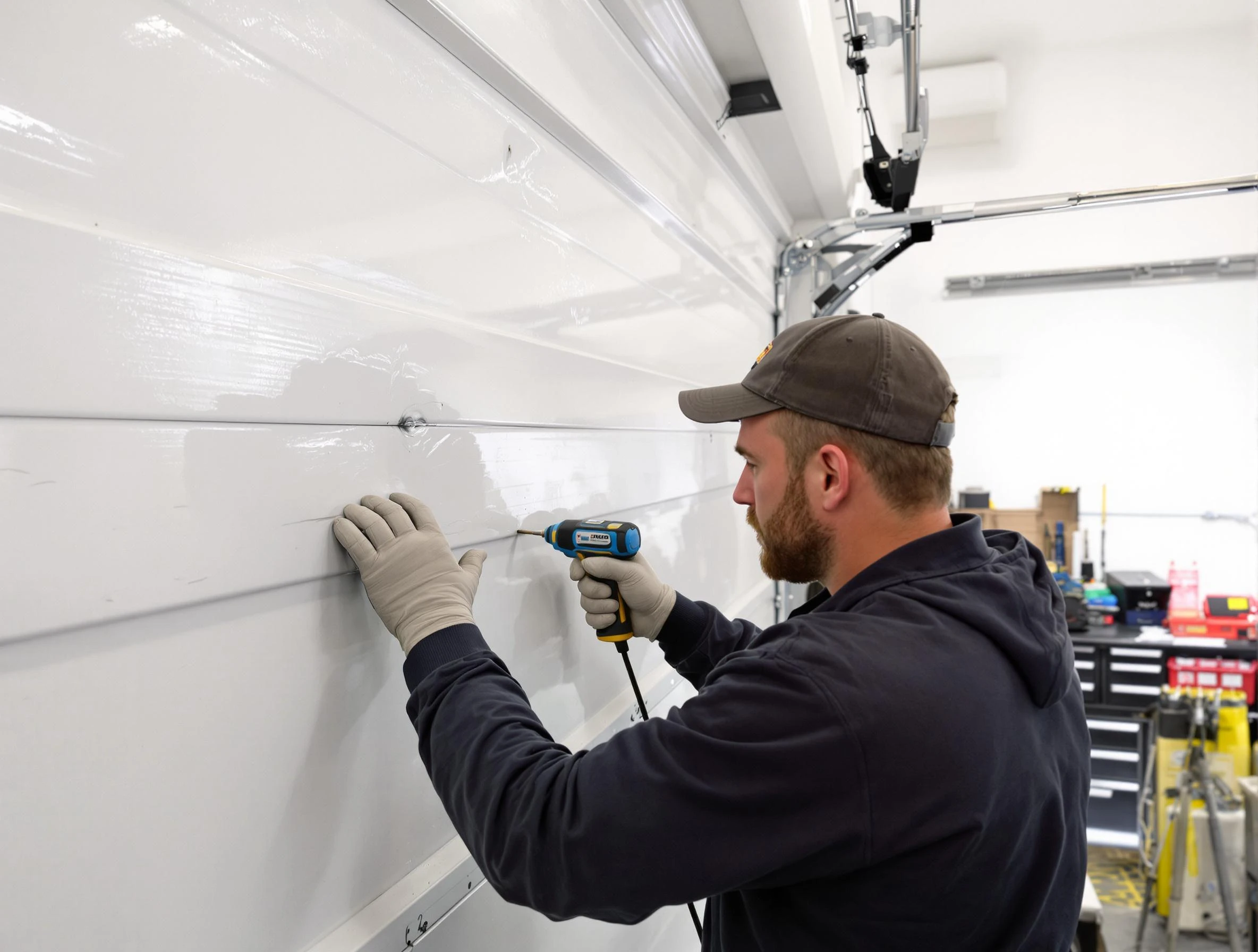 Fall River Garage Door Repair technician demonstrating precision dent removal techniques on a Fall River garage door