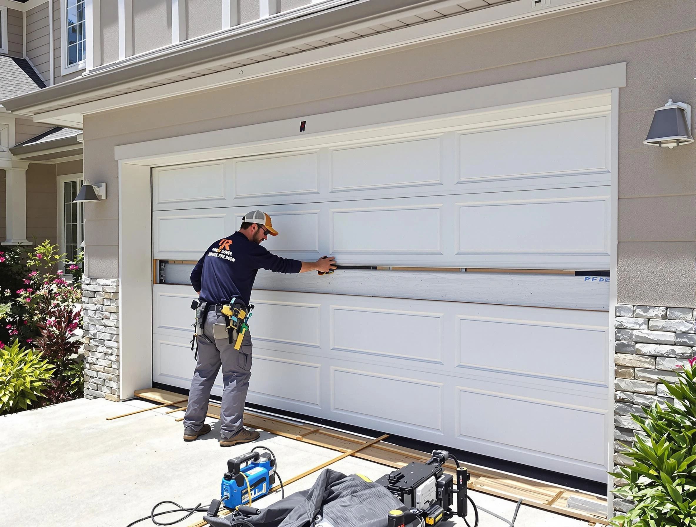 Fall River Garage Door Repair team performing complete garage door replacement at Fall River residence
